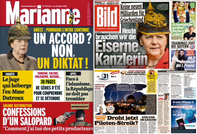 A gauche, l'hebdomadaire français "Marianne". A droite, le tabloïd populiste "Bild Zeitung" A gauche, l'hebdomadaire français "Marianne". A droite, le tabloïd populiste "Bild Zeitung"
